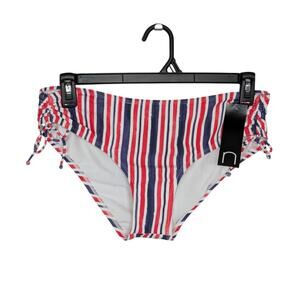 New Women's Large Red White & Blue Striped Side Sinch Bikini Bottoms Mid Rise